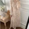 Spring And Summer Women's Chiffon Beach Dress Sexy V-Neck Floral Print Long-Sleeved Strappy Boho Maxi Feme Robe 210514