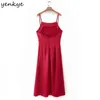 Fashion Women Red Satin Sling Sexy Dress Romantic Backless Sleeveless Hem Slits Summer Long Night Out Vestido 210514