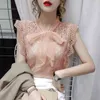 Bez rękawów Hollow Out Lace Bluzka Kobiety Koreański Przeglądaj przez lato Topy Szydełka Patchwork Koszula Kobieta Odzież Blusas 9811 210512