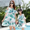 Family Matching Outfits Fashion Off Shoulder Tassel Mother Daughter Dresses Green Leaf Print Mama Mom and Sundress 210724