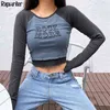 Fałszywy 2 sztuk Kontrastowy Kolor Y2K Crop Topy Kobiety O-Neck Z Długim Rękawem Casual T Koszulka Tee Femme Streetwear Raw Pracownik 210510