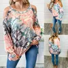 Sexy Off Shoulder Tie Dye Print T-shirts Women Fashion Casual Sling O Neck Lantern Long Sleeve Loose Tee Tops Autumn Female Tops 210507