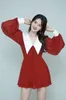 Women Fashion Vintage Peter Pan Collar Long Mesh Sleeve Elegant Mini Dress Red Party Lace Up Bow A-line Dresses Retro 210421