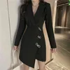 Wiosna Jesień Damska Dress Hong Kong Styl Retro Fałszywy Dwa Kawałki Łączenie Bowknot Nieregularny Długi Rękaw ES LL664 210506