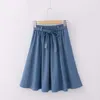 Femmes taille élastique nœud avec ceinture Vintage bleu Denim jupe frais taille haute collège Style Chic femme jupes courtes 210507