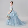 Long Princess Cinderella Flower Girl Dresses Off-the-shoulder Floor Length Ball Gown Blue Kids Pageant Gowns Newest Design Custom Made 2021