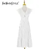 White Elegant Dress For Women V Neck Raglan Sleeve High Waist Hollow Out Ankle Length Dresses Female Style 210520