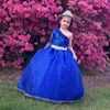 Royal Blue Little Girsl Lång Pageant Klänningar En axelkula Klänning Beaded Lace Kids First Communion Flower Girl Dress Brithday Party Gowns