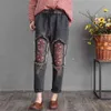 Spring Autumn Arts Style Women Elastic Waist Loose Jeans Patchwork Embroidery Vintage Ripped cotton Denim Harem Pants S568 210512
