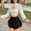 High waist double layer sideways lace-up skirts women's fashion belly PU small leather skirt