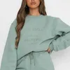 Verde Vintage Letras Bordadas Crewneck Sudadera Mujeres Invierno Tops Oversize Girls Streetwear Coreano Moda Jerseys 210809
