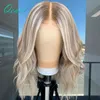 Spetsar Wigs Women's Human Hair Short Bob Part Frontal Wig Ombre Ash Blonde Grey Highlights 13x1 Wavy Virgin 150% Qearl Tobi22