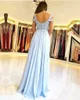 Cheap 2021 Country Sky Blue A Line Bridesmaid Dresses for Weddings Chiffon Lace Appliques Side Split Zipper Back Plus Size Maid of Honor Gowns ppliques