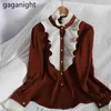 Spring Korean Fashion Women Slim Patchwork Shirts Elegant Ruffles Single Breasted Puff Long Sleeve Blouses OL 210601