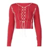 Simenual Patchwork Lace Up Manica lunga Crop Top Donna Costine Sexy Party Maglieria T-shirt Scava fuori Bodycon Club Tie Front Top Y0621