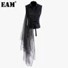 [EAM]春の夏の襟のノースリーブ黒の不規則な包帯メッシュステッチ緩いシャツの女性のブラウスファッションJT870 21512