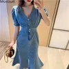 Blue Denim V-neck Mermaid Dress Women Short Sleeve Single-breasted Splitting Long Dresses Vintage Elegant Slim Waist Vestidos 210513