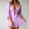 Solid Color Deep V Lace Up Lantern 7-Quarter Sleeve Straight Skirt Elegant Dress Bodycon Dress Woman Sexy Maxi Dresses 210521