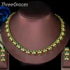 ThreeGraces Naturel Vert Rond CZ Pierre Dubai Or Couleur Collier De Mariage De Mariée Boucles D'oreilles pour Les Mariées Banquet Ensembles De Bijoux TZ556 H1022