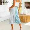 Sólido Elegante Satén Midi Falda s Mujeres Casual Verano Cintura Alta Vintage Faldas Largas Mujer 210427