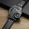 Oulm 9591 Sport Watches Two Time Zone Male Clock Genuine Leather Strap Wristwatch Man Unique Style Multiple Time Zone Watch G1022