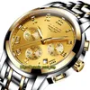 Lige Eternity 9810 Esporte Mens Relógios Data Blue Dial Japão VK Cronógrafo Quartzo Movimento Chronógrafo Homens Assista a Caixa De Aço Ouro Bezel Dois Tom Pulseira Inoperável