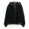 Long sleeve black winter women's double-sided wearing bomber jacket wild loose faux fur hooded women's jacket 210507