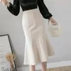 Kobiety Wysoka talia Midi Spódnice Plus Rozmiar Ruffles Black Khaki Beige Office Ol Skirt Pakiet Moda Hip Mermaid Womens 210621