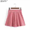 Zevity Femmes Mode Rouge Plaid Imprimer Plissée Bermuda Jupes Shorts Femme Chic Side Zipper Casual Pantalone Cortos P1090 210603