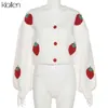 Klalien 패션 우아한 귀여운 프린트 딸기 싱글 브레스트 스웨터 여성 가을 ​​두꺼운 따뜻한 카디건 스웨터 스트리트웨어 211103