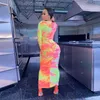 Casual Kleider Frauen Tie Dye Drucken Langarm, Figurbetontes Kleid Geraffte Fitness Dünne Reißverschluss Bunte Mode Vestido De Mujer Streetwear