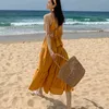 Strapless Beach Dress Lady Bohemian Long Summer es Women High Waist V-Neck Solid för Vestidos 8633 50 210508
