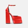 Sandały Luksusowe Satynowe Tkaniny Klamry Klamry Damskie Lato 15 cm Wysokie obcasy Grube Platforma Heel Lady Party Dress Mary Jane Buty