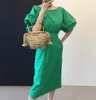 Women's Summer Sundress Green Vintage Dress Elegant Femme Robe Solid Color Puff Sleeve Waist Bandage 210514