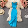 Summer Cotton Knitted Dress Elegant Women O Neck Sleeveless Stretch Slim Hip Dresses Sexy Party Split Mid-calf Dress Vestidos X0521