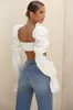 Aankomst Vrouwen Sexy Designer Bladerdeeg Lange mouw Wit T-shirts Dames High Street Celebrity Tees Tops 210525