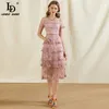 Summer Fashion Runway Elegant Party Dresses Women Gorgeous Lace Sequined Mesh Overlay Holidays Midi Dress 210522