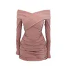 WOMENGAGA Sexy Strapless Cross Pleated Tight Hip Full Sleeve Fold Mini Dress Pencil Womens Autumn Girl Female Dresses SXYF 210603