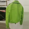 Lautaro Autumn Short Green Soft Faux Leather Biker Jacket Women Long Sleeve Zipper Belt Designer European and American Fashion 211007