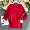 Women's Mesh Geborduurde Puff Sleeve Splicing Losse Skinny Shirt Herfst Veer Effen Kleur Casual Blouse Tops K428 210527