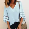 V Neck Flared Sleeves Mesh Patchwork Shirts Summer Plus Size Casual Loose Mesh Women Blouse Pink Street Womens Tops Blouses 5XL 210619