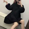 Streetwear Femmes Solid Black Puff Manches Robes Mode Dames O-Cou Robe Lâche Élégante Femme Chic Sweet Robes 210427