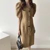 Summer Korean Elegant Temperament Cotton linen V-Neck Chic Single-Breasted Puff Sleeve Casual Party Dress Female 210519