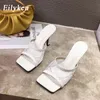 FACTORY_STORE01 New Sexy PU Square head Peep Toe High Heel Mesh Slippers Summer Fashion Slip On Thin Heels Slides Women Mules ddfhdhfdh sdfhsh