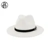 Chapeau Fedora blanc pour hommes et femmes, chapeaux Panama en feutre de laine à large bord avec boucle de ceinture, casquette Trilby Jazz noire formelle
