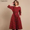 Classic England Style Red Plaid Dress Women Autumn 3/4 ärmar O-hals Sashes A-Line Casual Vintage Midi Party ES 220210