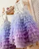 Ombre Lanvender Backless Flower Girl Dresses For A Line Tiered Wedding Pageant Gowns Tulle Floor Length First Communion Dress