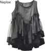 Ruffles Mesh Patchwork T Shirts Women Solid O Neck Sleeveless Tank Tees Femme Korean Fashion Office Lady Tops 1B540 210422