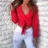 Moda Sexy mujer camisa blusa sólida señoras manga larga cintura corbata Cruz cuello en V camisa arco Sexy espalda abierta Tops negro rojo blanco X0521