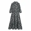 Kleid Vintage Blumenmuster Rüschensaum Lang Damenmode Verstellbarer Kordelzuggürtel Polo-Stil Knöpfe es 210519